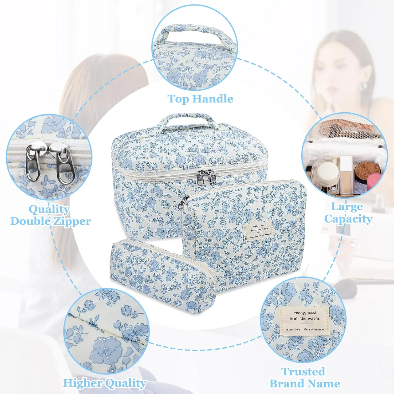 Makeup Bag, Large Quilted Cosmetic Bag, Big Floral Make Up Bag for Women Girls, Cute Cotton Makeup Bag Set, Flower Travel Toiletry Organizer Bag