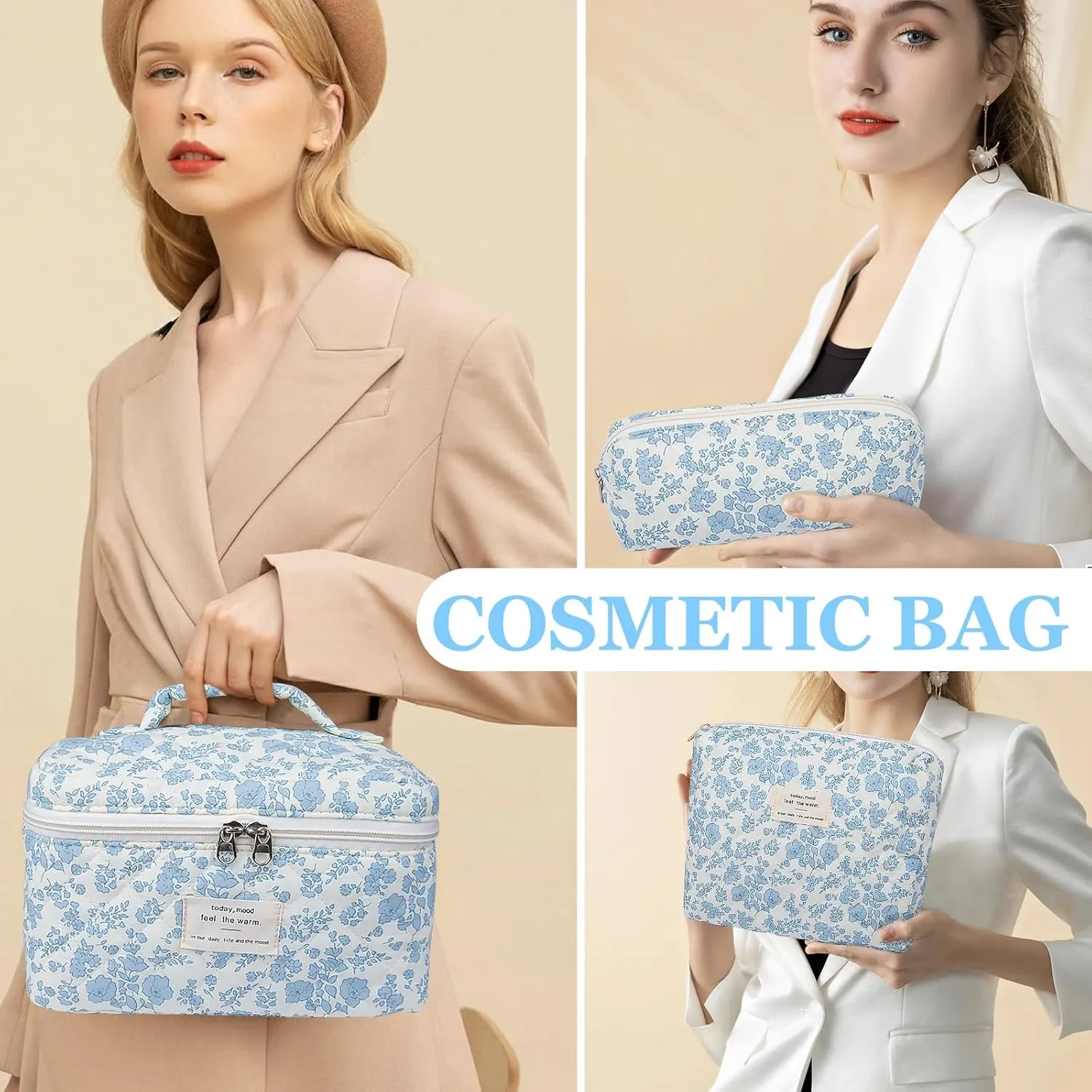Makeup Bag, Large Quilted Cosmetic Bag, Big Floral Make Up Bag for Women Girls, Cute Cotton Makeup Bag Set, Flower Travel Toiletry Organizer Bag
