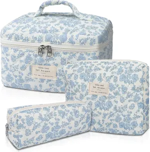 Makeup Bag, Large Quilted Cosmetic Bag, Big Floral Make Up Bag for Women Girls, Cute Cotton Makeup Bag Set, Flower Travel Toiletry Organizer Bag
