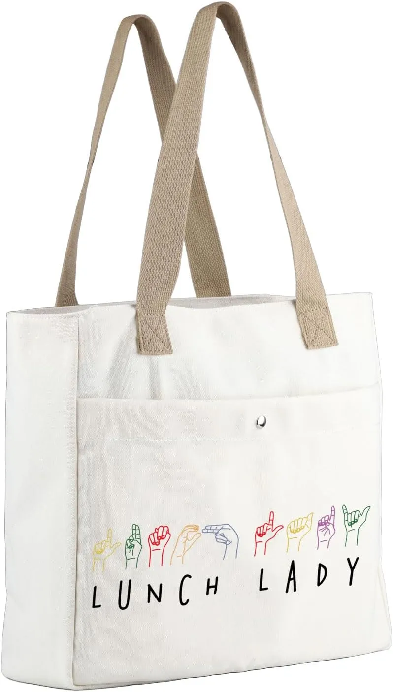 MBMSO ASL Lunch Lady Gifts Sign Language Cafeteria Ladies Tote Bag Lunch Lady Beach Bag Cafeteria Worker Gift for Lunch Staff