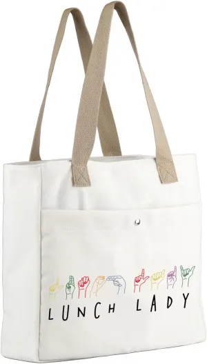 MBMSO ASL Lunch Lady Gifts Sign Language Cafeteria Ladies Tote Bag Lunch Lady Beach Bag Cafeteria Worker Gift for Lunch Staff