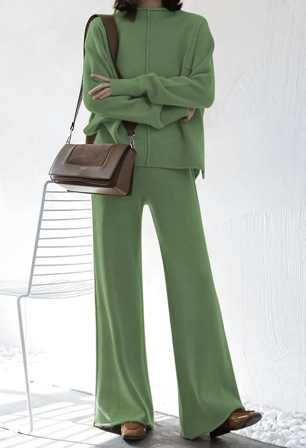 Meenew Women's High Neck 2 Piece Sweatsuit Long Sleeve Knit Sweater Tops Wide Leg Pants Set Outfits