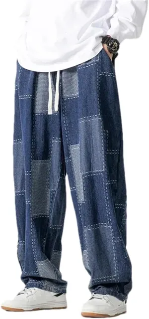 Men Loose Baggy Jeans Vintage Patchwork Hip Hop Denim Pants Straight Streetwear Casual Trousers