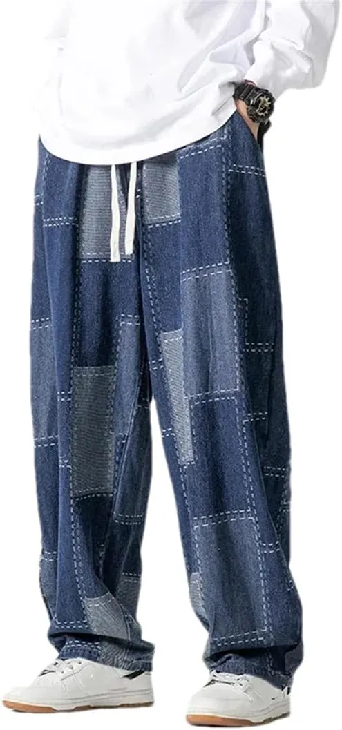 Men Loose Baggy Jeans Vintage Patchwork Hip Hop Denim Pants Straight Streetwear Casual Trousers