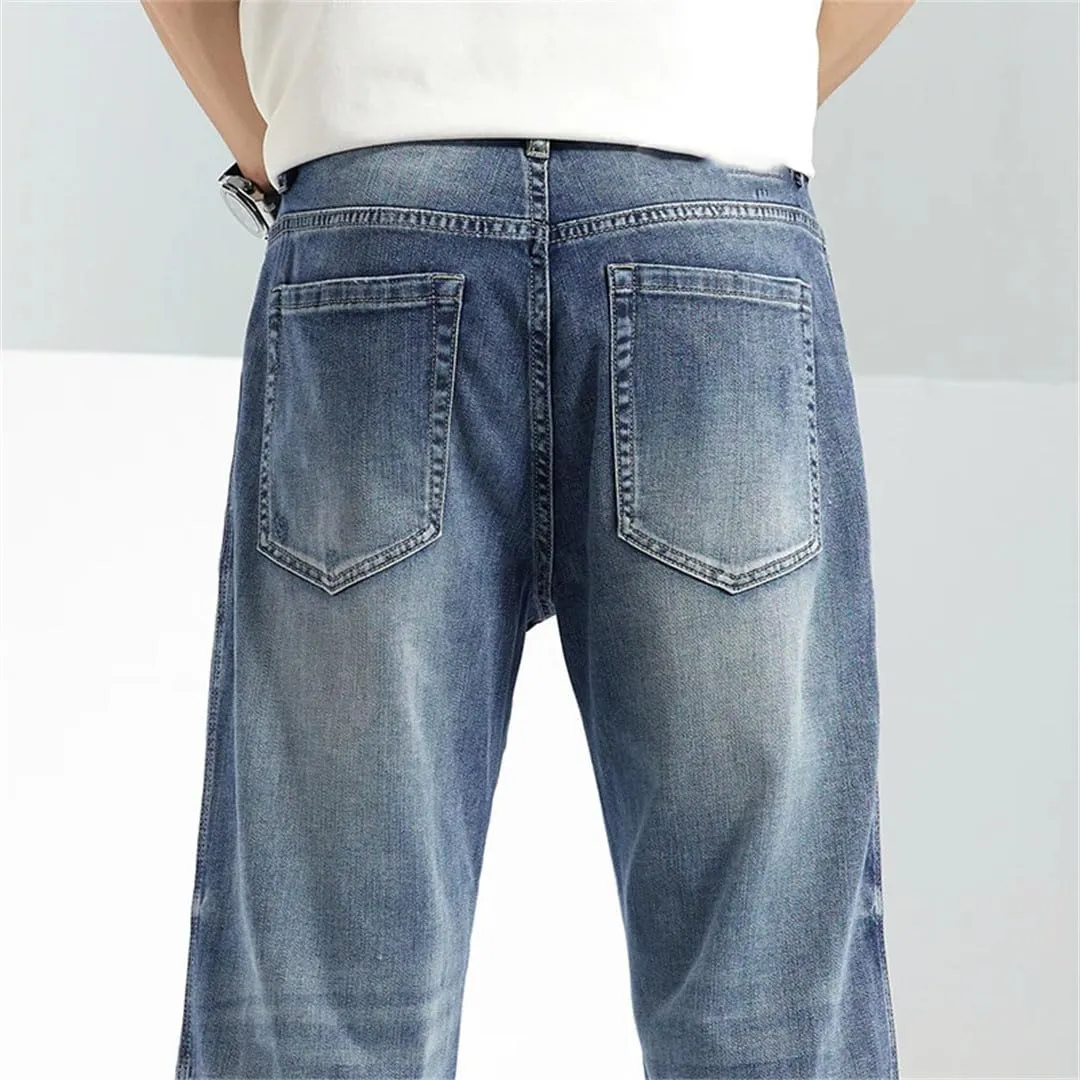 Men Spring Summer Baggy Jeans Straight Loose Lyocell Stretch Male Denim Wide Leg Pants