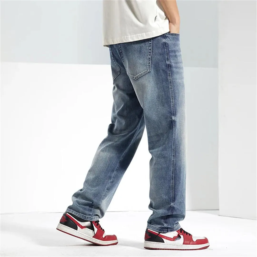 Men Spring Summer Baggy Jeans Straight Loose Lyocell Stretch Male Denim Wide Leg Pants