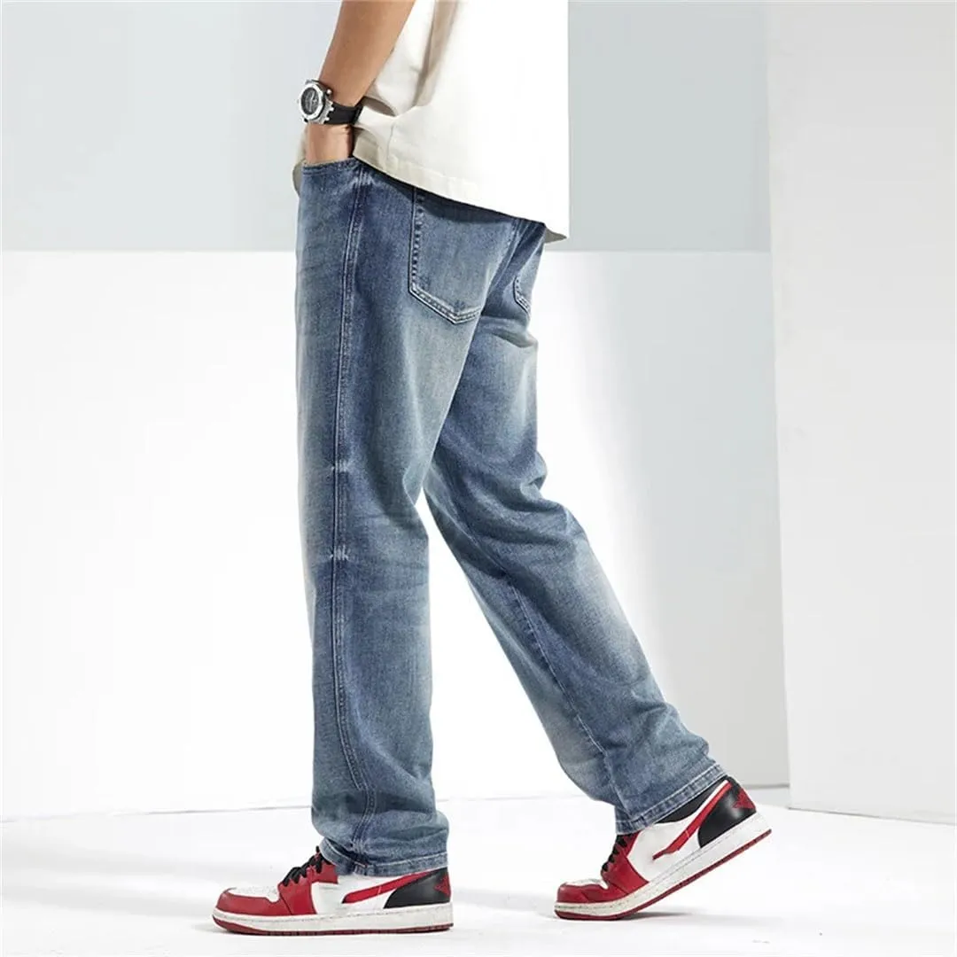 Men Spring Summer Baggy Jeans Straight Loose Lyocell Stretch Male Denim Wide Leg Pants