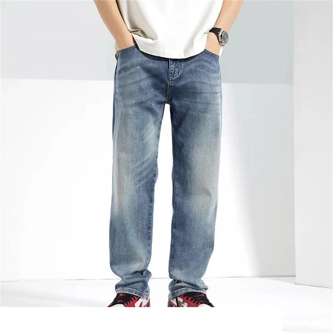 Men Spring Summer Baggy Jeans Straight Loose Lyocell Stretch Male Denim Wide Leg Pants