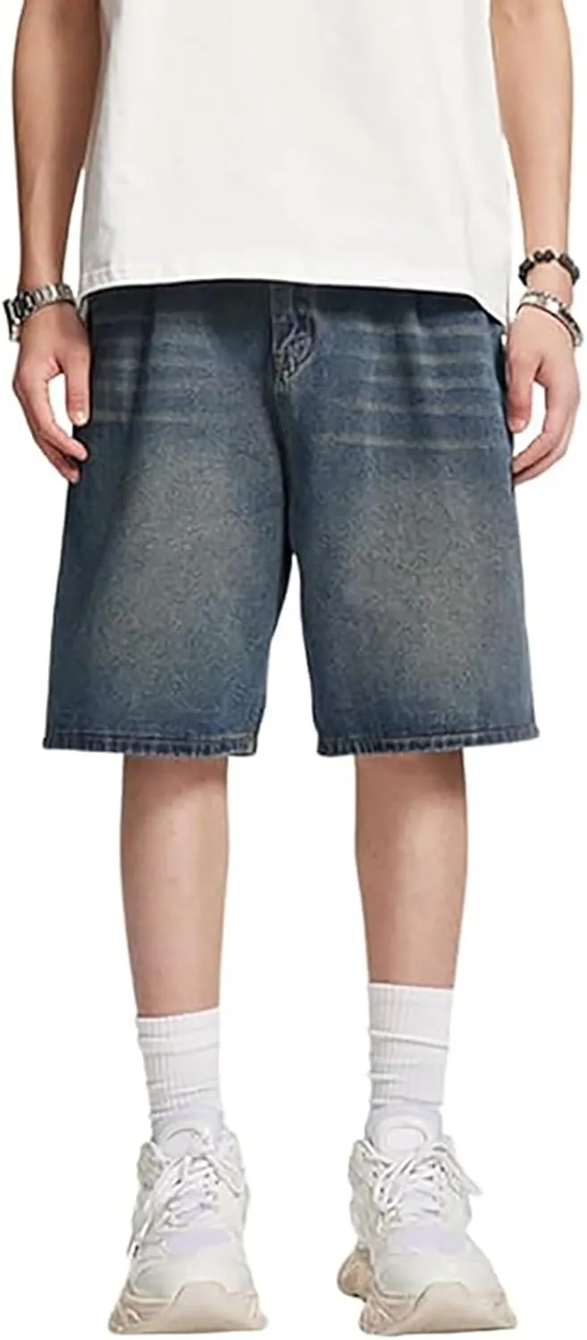 Mens Baggy Denim Jorts Y2K Grunge Loose Hip Hop Jean Shorts Wide Leg Mid Jeans Streetwear with Pockets
