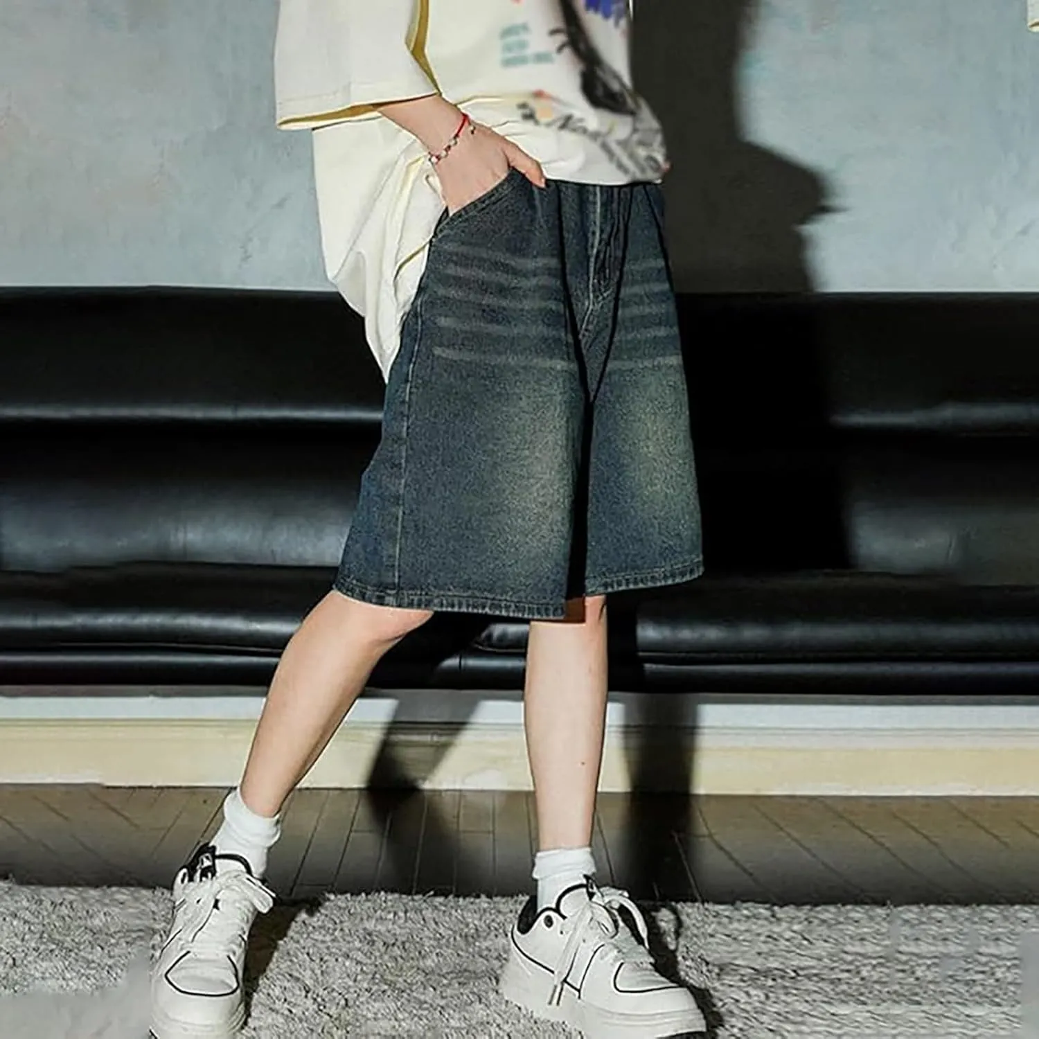 Mens Baggy Denim Jorts Y2K Grunge Loose Hip Hop Jean Shorts Wide Leg Mid Jeans Streetwear with Pockets