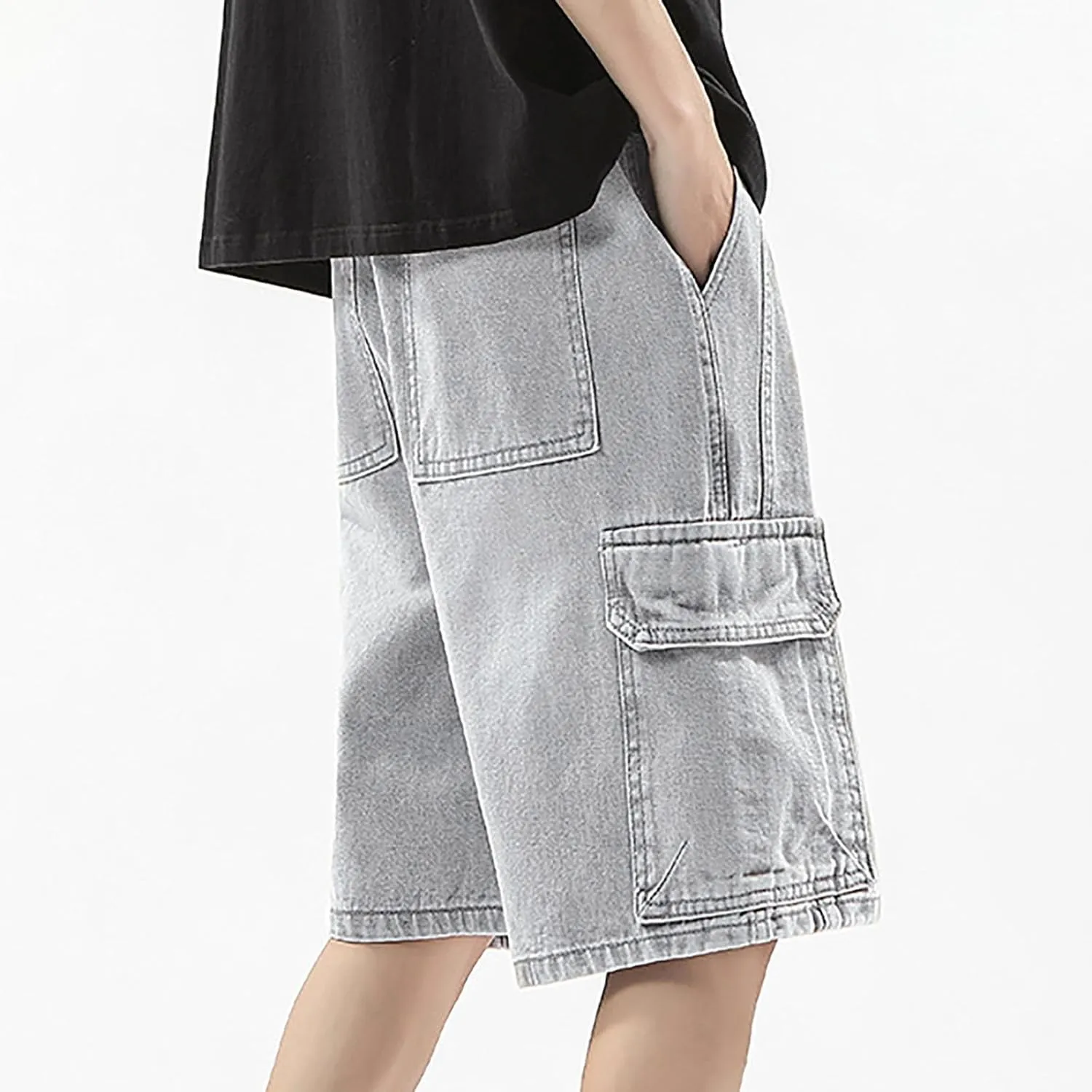 Men's Baggy Jean Shorts Loose Fit Long Denim Shorts Wide Leg Hip Hop Streetwear Clothes