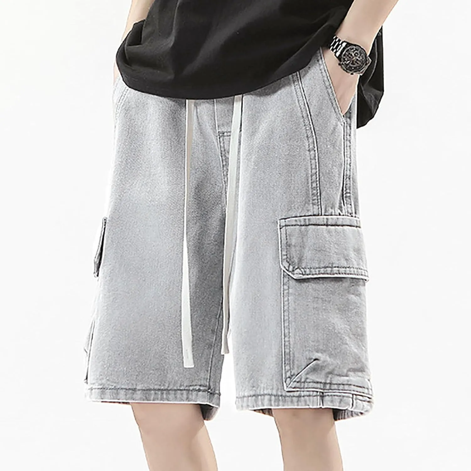 Men's Baggy Jean Shorts Loose Fit Long Denim Shorts Wide Leg Hip Hop Streetwear Clothes