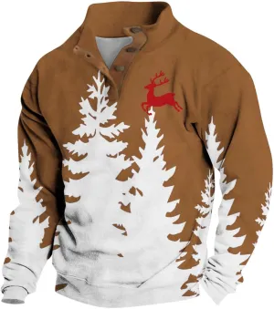 Men's Christmas Sweatshirts Xmas Tree Print Pullover Ugly Sweater Casual Long Sleeve Fall 1/4 Button Up Sweatshirts