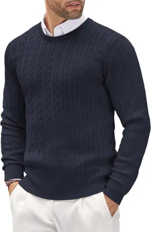 Men's Crewneck Pullover Sweater Plus Size Chunky Warm Cable Knit Jumper Classic Slim Fit Long Sleeve Knitwear Tops