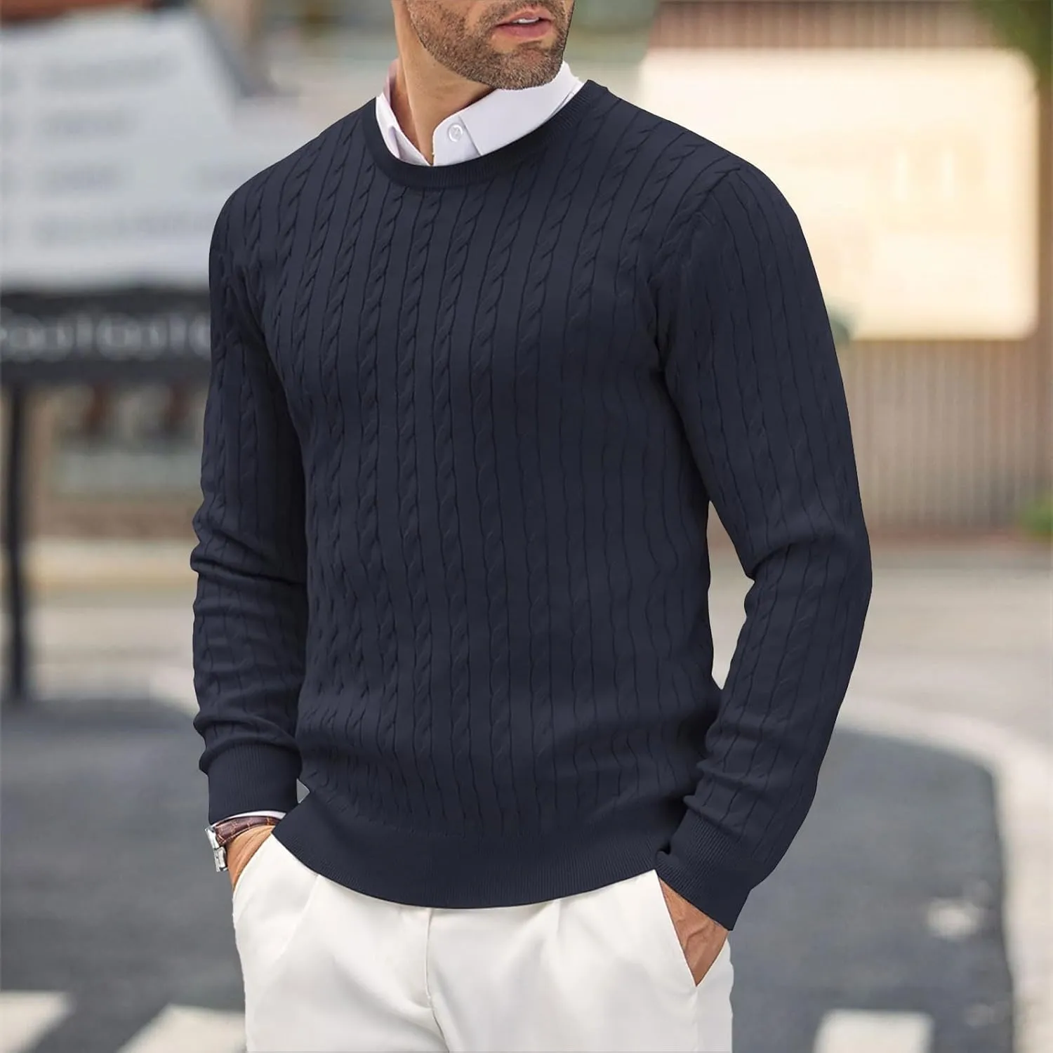 Men's Crewneck Pullover Sweater Plus Size Chunky Warm Cable Knit Jumper Classic Slim Fit Long Sleeve Knitwear Tops