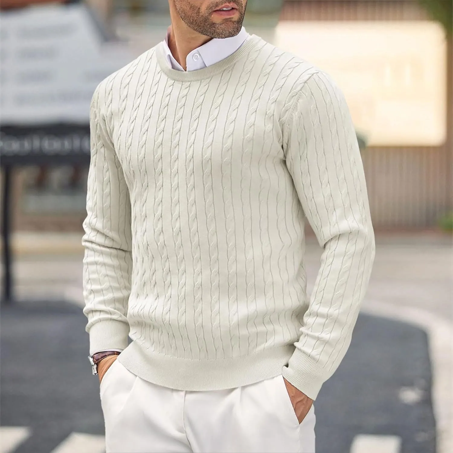 Men's Crewneck Pullover Sweater Plus Size Chunky Warm Cable Knit Jumper Classic Slim Fit Long Sleeve Knitwear Tops