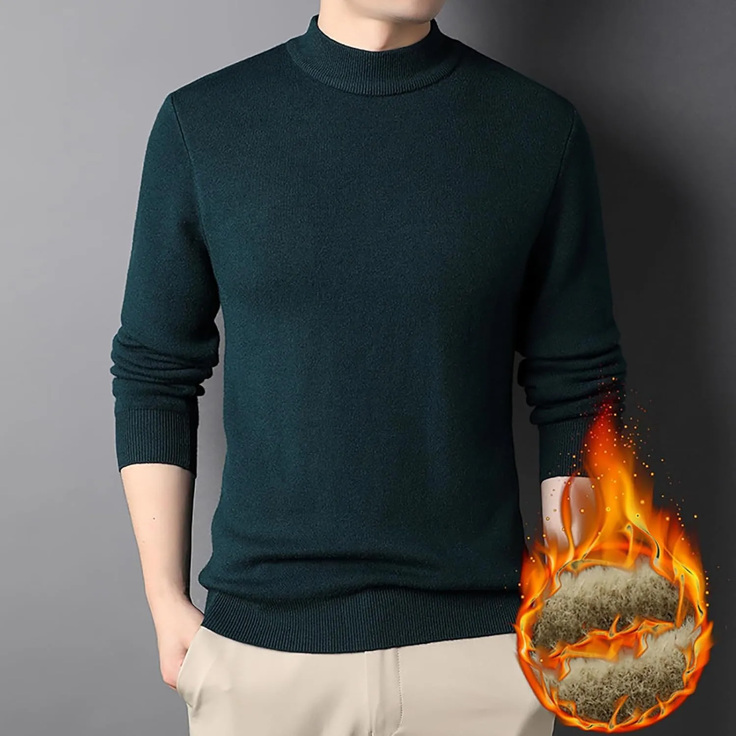 Men's Crewneck Sweater Sherpa Lined Sweatshirts Slim Fit Long Sleeve Underwear Fleece Winter Thermal Pullover Coats