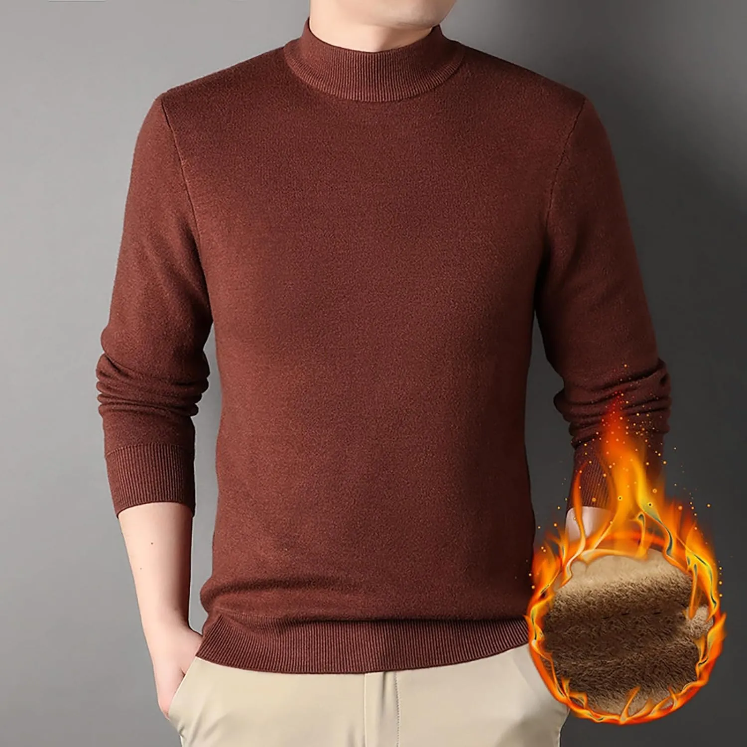 Men's Crewneck Sweater Sherpa Lined Sweatshirts Slim Fit Long Sleeve Underwear Fleece Winter Thermal Pullover Coats