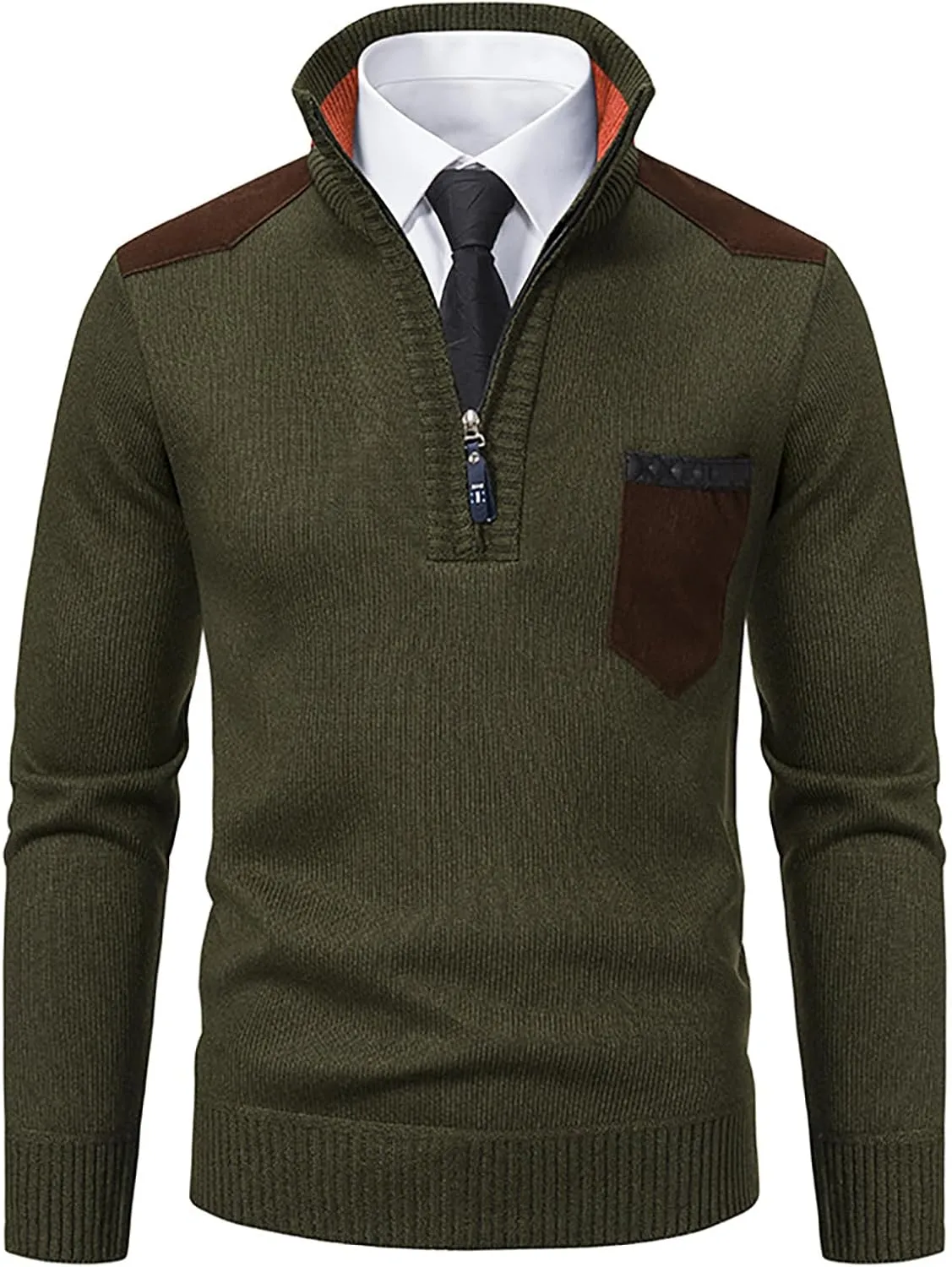 Men's Fashion Quarter Zip Pullover Fall Winter Quilted Sweatshirt Plaid Jacquard Polo Mock Neck Sweaters
