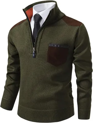 Men's Fashion Quarter Zip Pullover Fall Winter Quilted Sweatshirt Plaid Jacquard Polo Mock Neck Sweaters