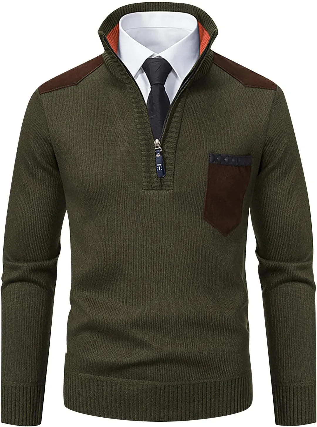 Men's Fashion Quarter Zip Pullover Fall Winter Quilted Sweatshirt Plaid Jacquard Polo Mock Neck Sweaters