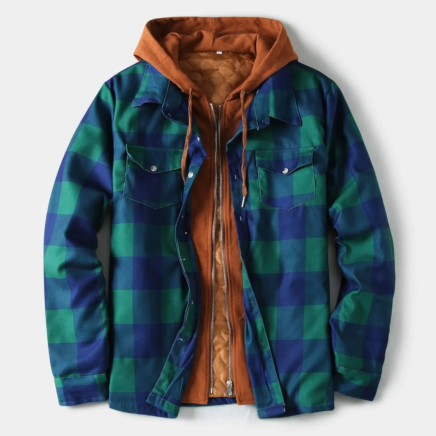 Mens Flannel Jacket Casual Plaid Print Lapel Button Down Pocket Long Sleeve Shirt Patchwork Heavy Warm Fleece Lined