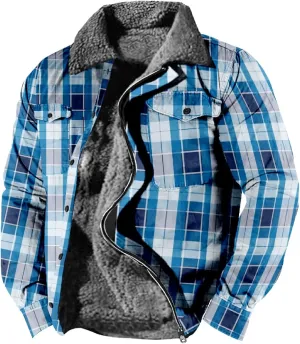 Mens Flannel Jacket Casual Plaid Print Lapel Button Down Pocket Long Sleeve Shirt Patchwork Heavy Warm Fleece Lined