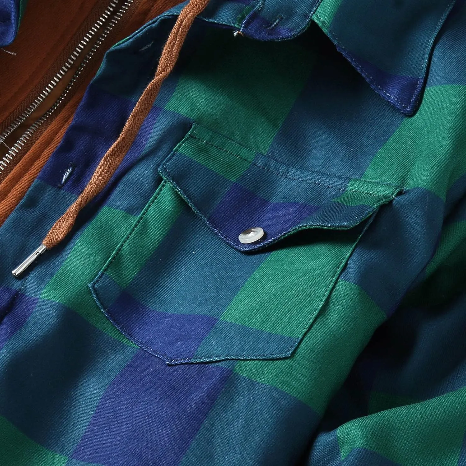 Mens Flannel Jacket Casual Plaid Print Lapel Button Down Pocket Long Sleeve Shirt Patchwork Heavy Warm Fleece Lined