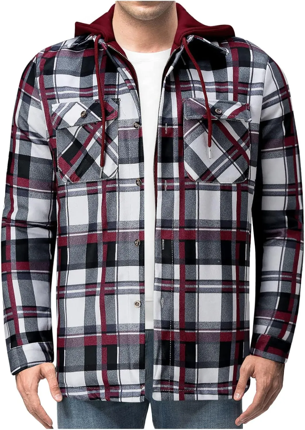 Men's Flannel Jackets Autumn Stripe Print Hooded Zipper Pocket Long Sleeve Shirt Patchwork Jacket Casual Long