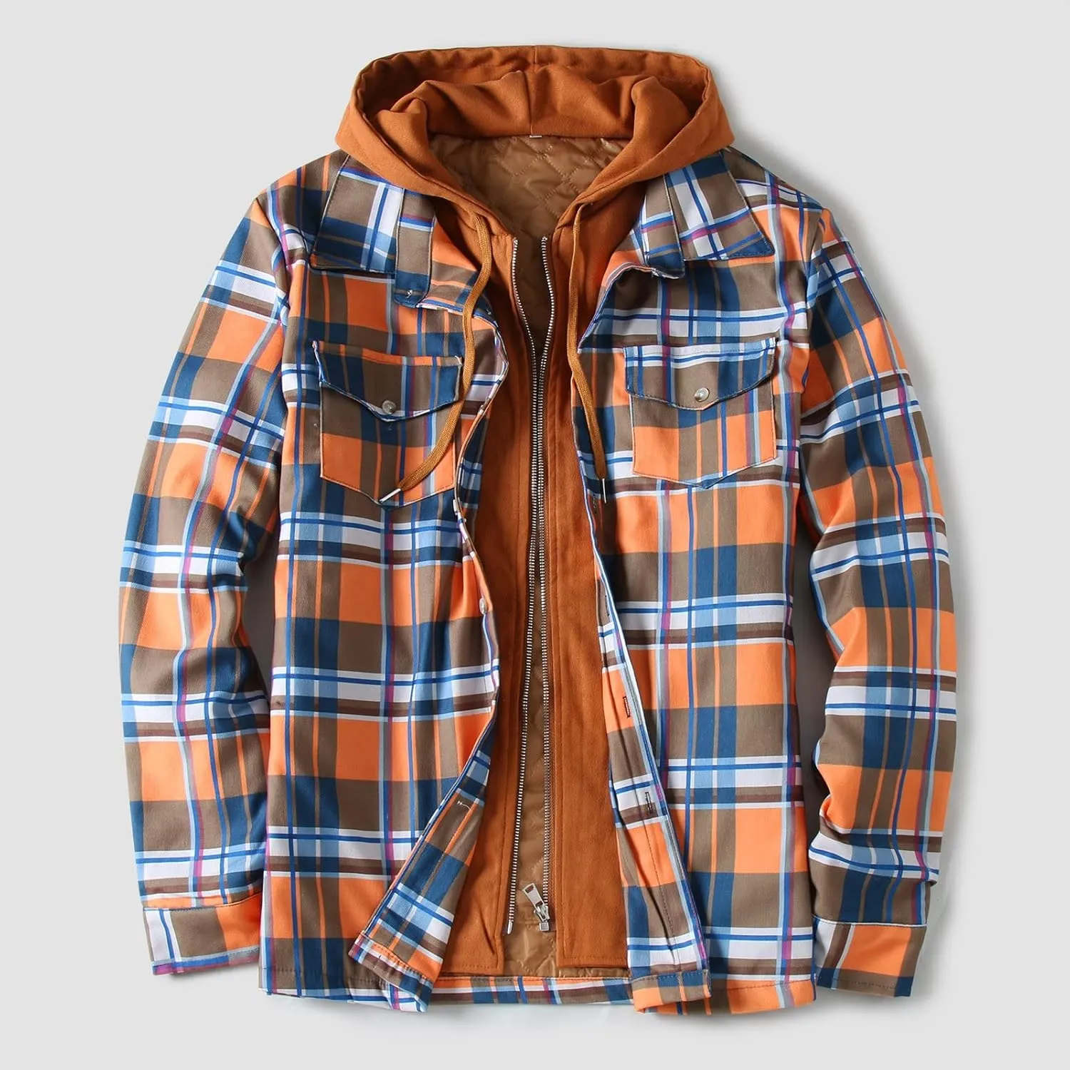 Men's Flannel Jackets Autumn Stripe Print Hooded Zipper Pocket Long Sleeve Shirt Patchwork Jacket Casual Long