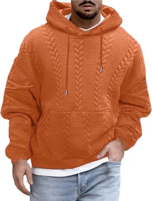 Mens Hooded Sweatshirt 2024 Fashion Textured Knit Drawstring Long Sleeve Pullover Loose Sports Workout Casual Hoodies