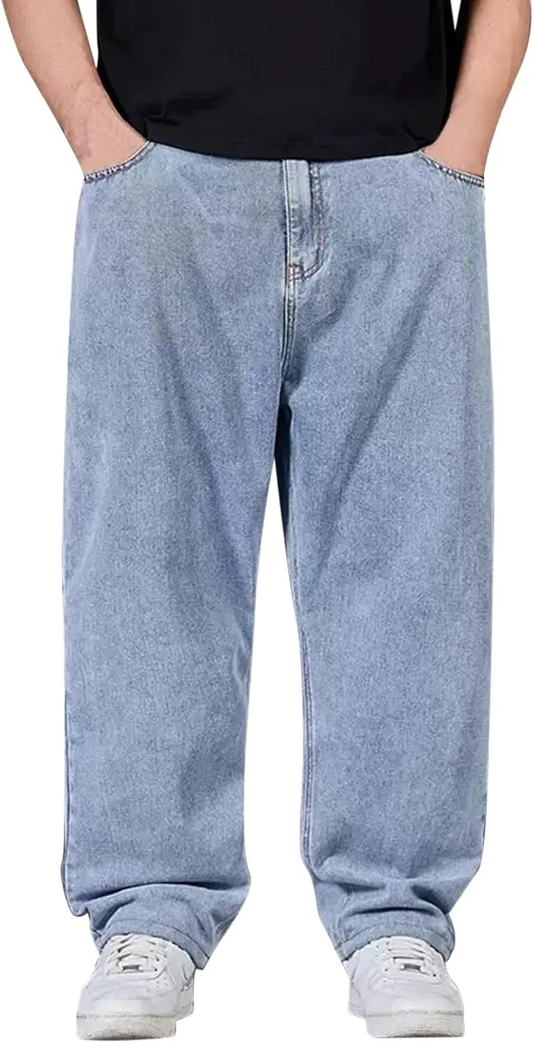 Men's Jeans Loose Casual Sports Solid Straight Leg Jeans Elasticated Waist Athletic Fit Denim Pants with Pockets 2024