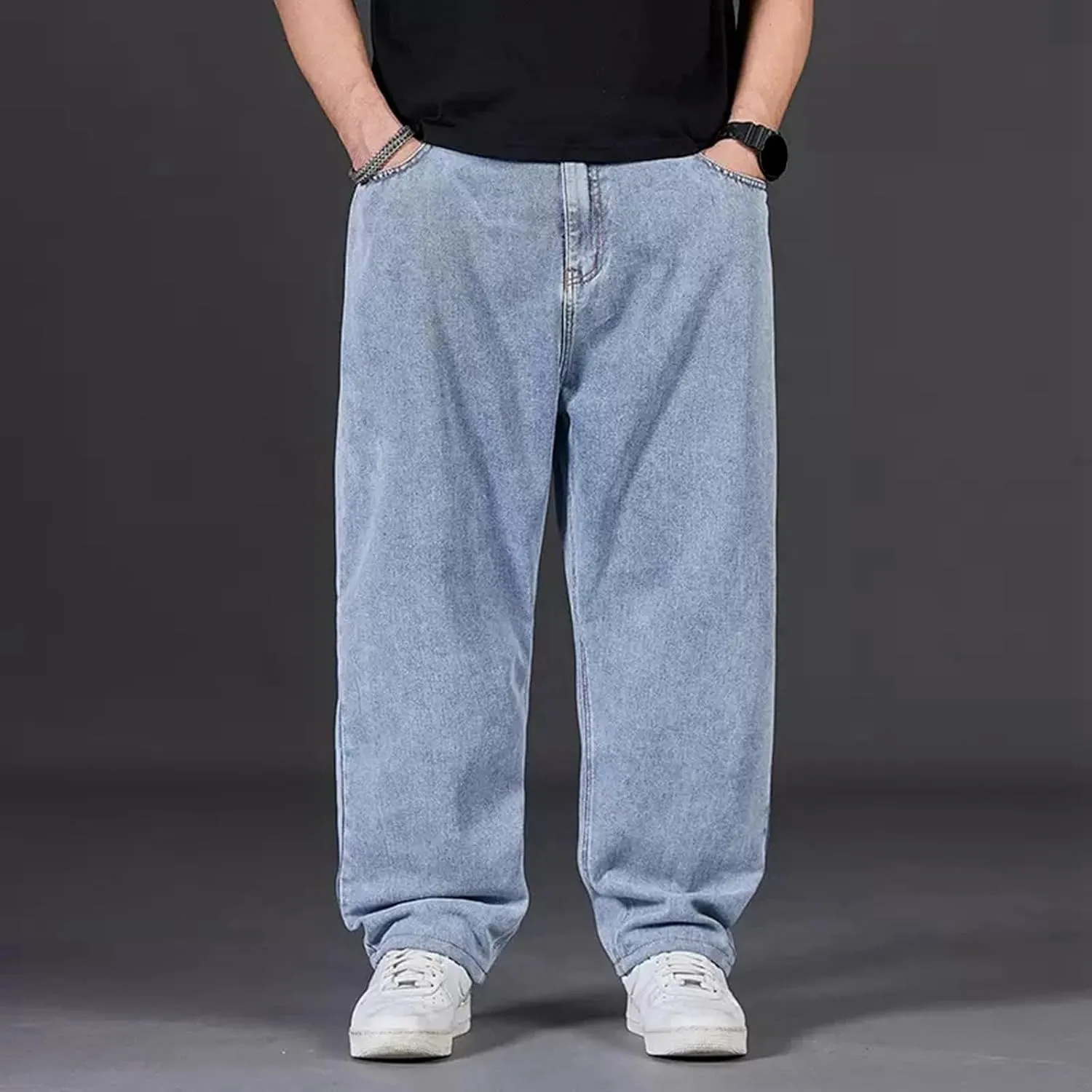 Men's Jeans Loose Casual Sports Solid Straight Leg Jeans Elasticated Waist Athletic Fit Denim Pants with Pockets 2024
