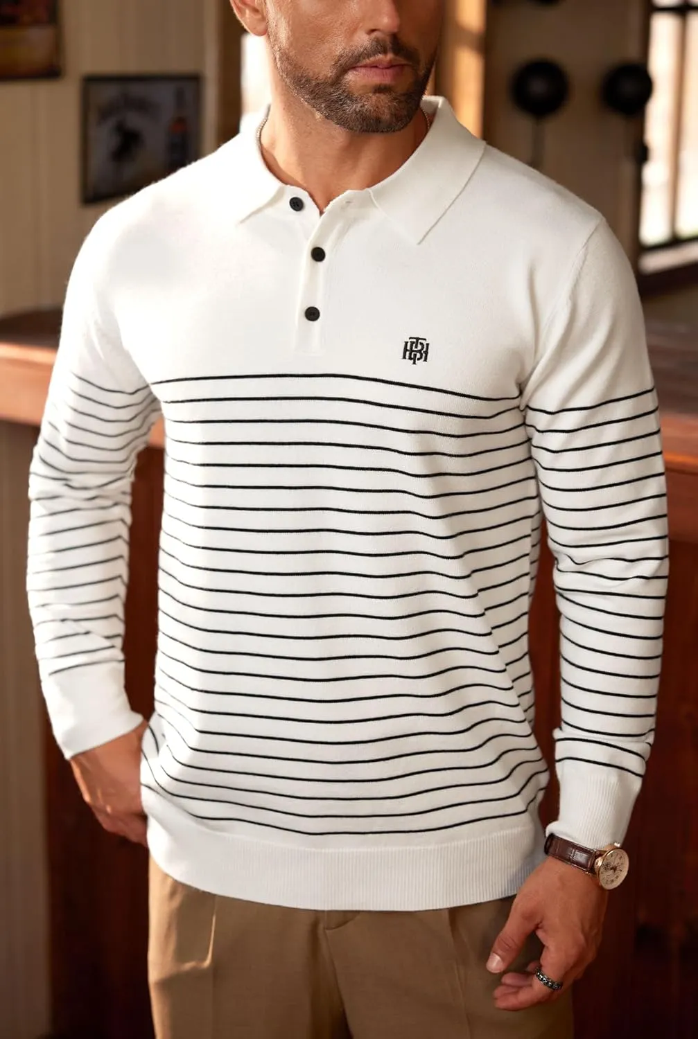 Mens Knit Polo Sweater Long Sleeve Striped Casual Button Golf Shirt (S-XXL)