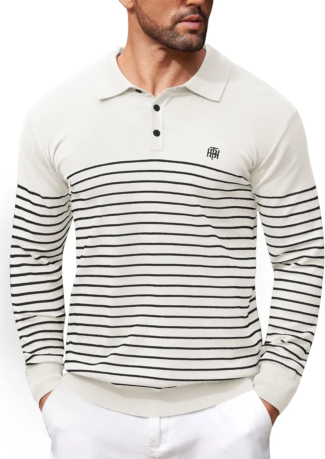 Mens Knit Polo Sweater Long Sleeve Striped Casual Button Golf Shirt (S-XXL)