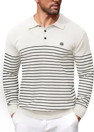 Mens Knit Polo Sweater Long Sleeve Striped Casual Button Golf Shirt (S-XXL)