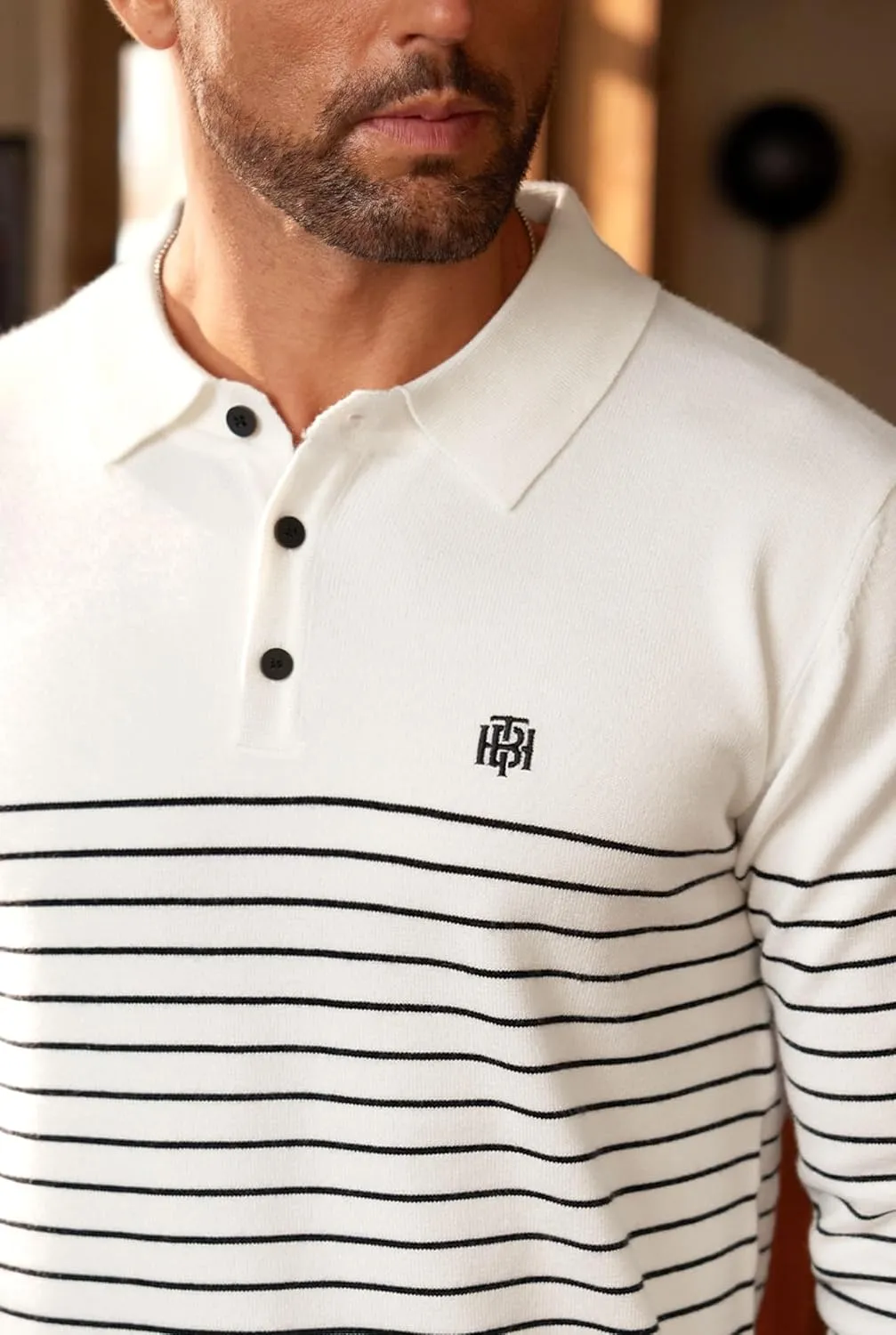 Mens Knit Polo Sweater Long Sleeve Striped Casual Button Golf Shirt (S-XXL)