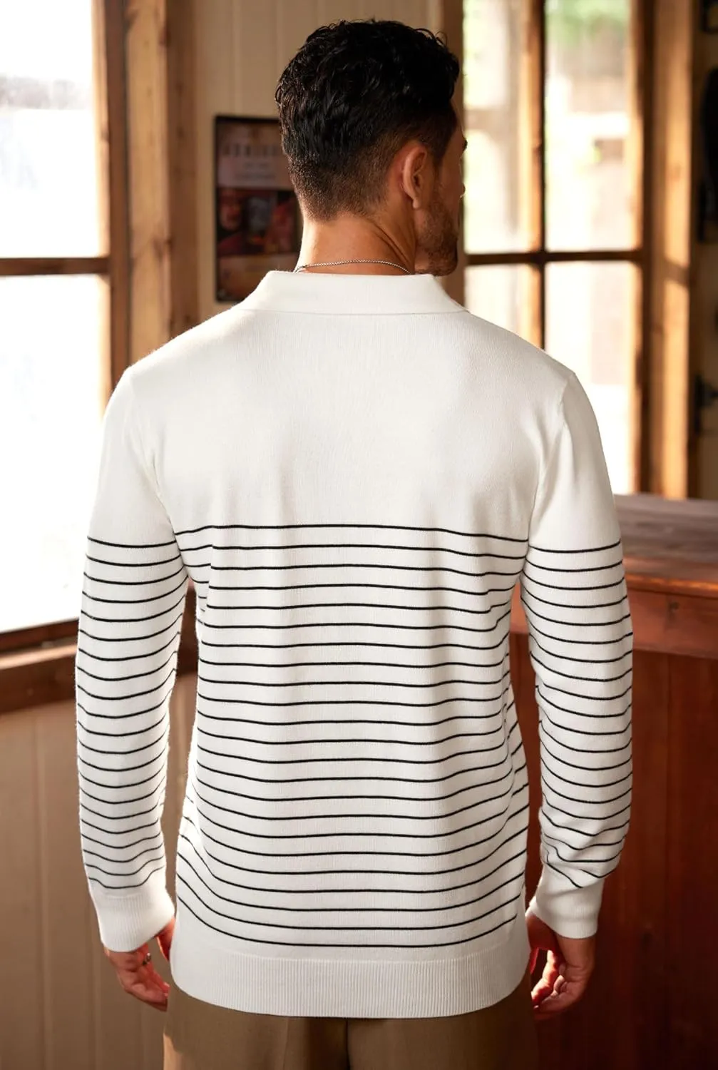 Mens Knit Polo Sweater Long Sleeve Striped Casual Button Golf Shirt (S-XXL)