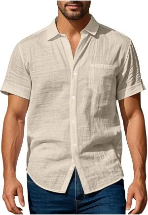 Men's Linen Shirts Short Sleeve Button Down Shirts Casual Summer Beach Linen Shirt Holiday Wedding Hawaiian Shirt