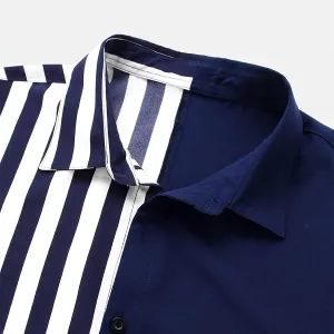 Mens Short Sleeve Button Down Shirt Casual Summer Striped Shirts Patchwork Hawaiian Print Beach Top