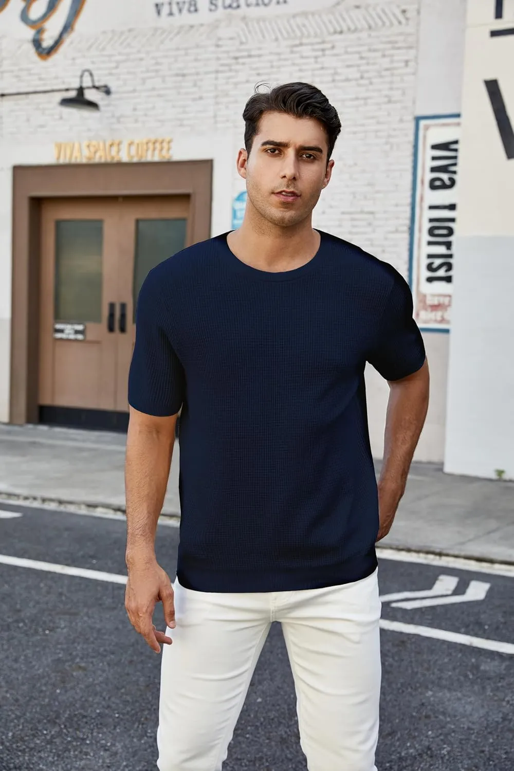 Men's Short Sleeve Knit T-Shirts Casual Crewneck Solid Waffle Texture Knit Shirt