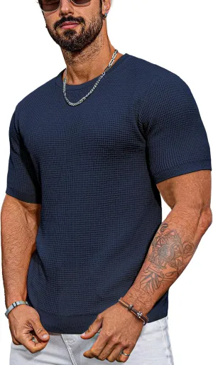 Men's Short Sleeve Knit T-Shirts Casual Crewneck Solid Waffle Texture Knit Shirt