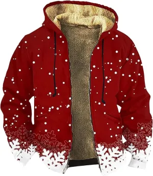 Men's Snowflake Christmas Tree Print Xmas Sweatshirt Christmas Fleece Hoodie Jacket Holiday Party Thermal Outfits