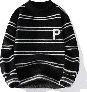 Men's Striped Pullover Sweater Winter Thermal Rib Knitted Jumpers Plus Size Fashion Long Sleeve Colorblock Dressy Top