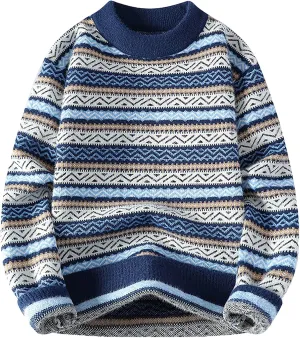 Men's Striped Pullover Sweater Winter Thermal Rib Knitted Jumpers Plus Size Fashion Long Sleeve Colorblock Dressy Top