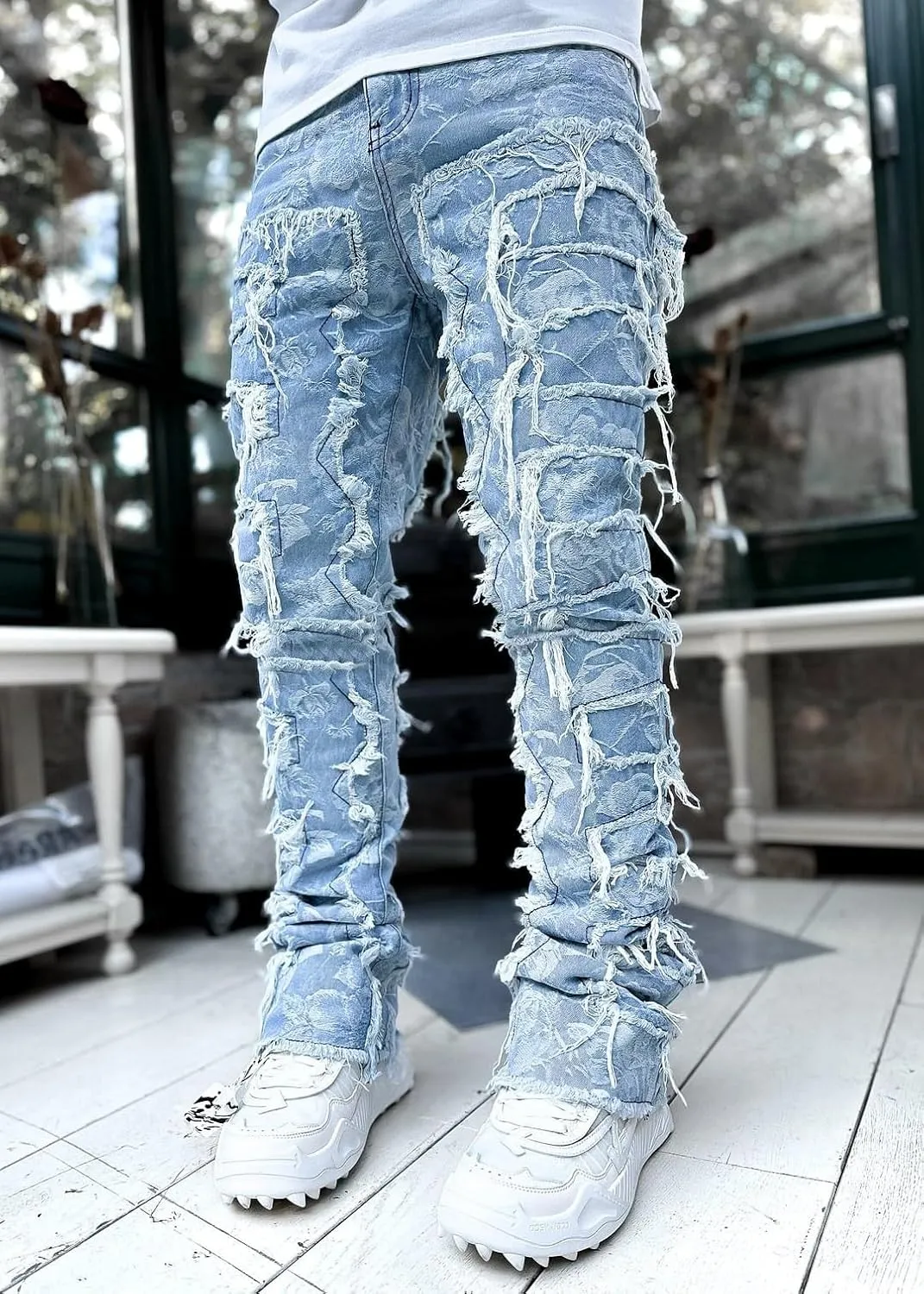 Mens Vintage Ripped Flared Leg Stacked Jeans Patchwork Bell Bottom Regular Fit 70s Hip Hop Distressed Denim Pants