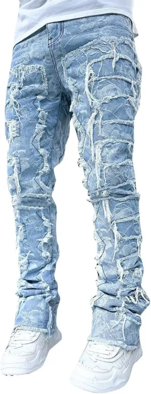 Mens Vintage Ripped Flared Leg Stacked Jeans Patchwork Bell Bottom Regular Fit 70s Hip Hop Distressed Denim Pants