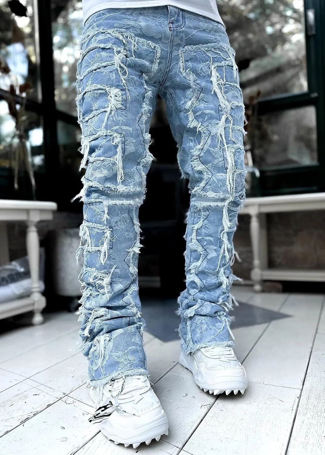 Mens Vintage Ripped Flared Leg Stacked Jeans Patchwork Bell Bottom Regular Fit 70s Hip Hop Distressed Denim Pants