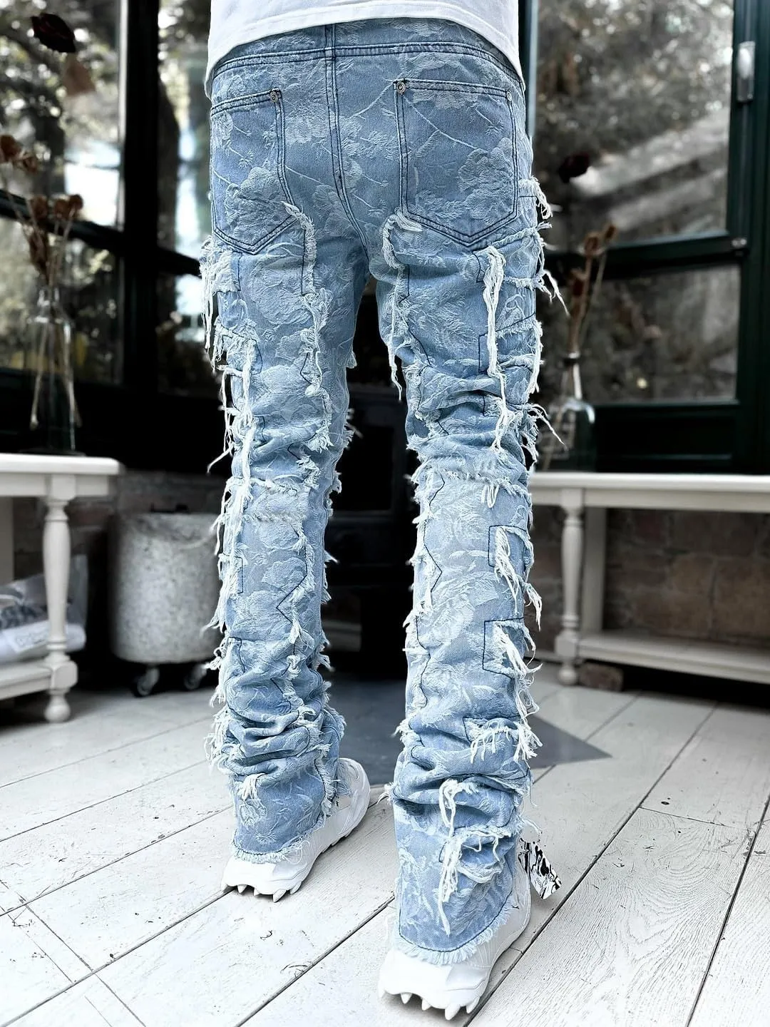 Mens Vintage Ripped Flared Leg Stacked Jeans Patchwork Bell Bottom Regular Fit 70s Hip Hop Distressed Denim Pants