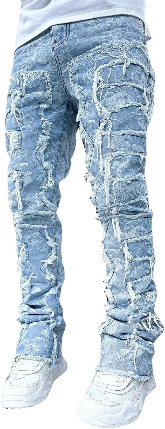Mens Vintage Ripped Flared Leg Stacked Jeans Patchwork Bell Bottom Regular Fit 70s Hip Hop Distressed Denim Pants